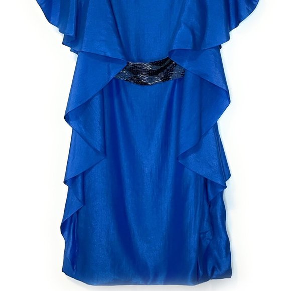 Stunning Blue Square-Neck Ruffle Party Dress with Beaded Belt - Picture 3 of 7